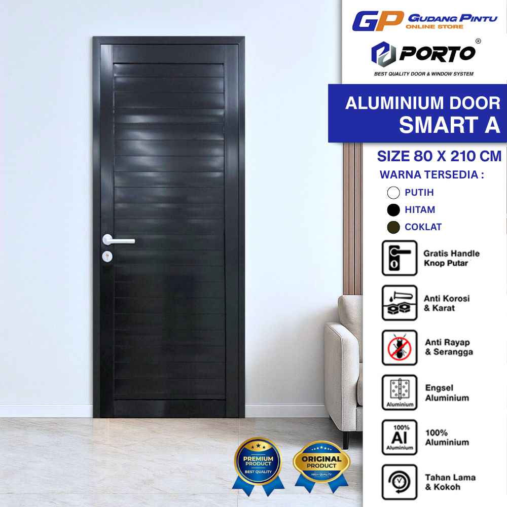 PORTO DOOR PINTU ALUMINIUM / ALUMUNIUM SMART A 80X210 CM / PINTU KAMAR MANDI / WC / TOILET ( HITAM /