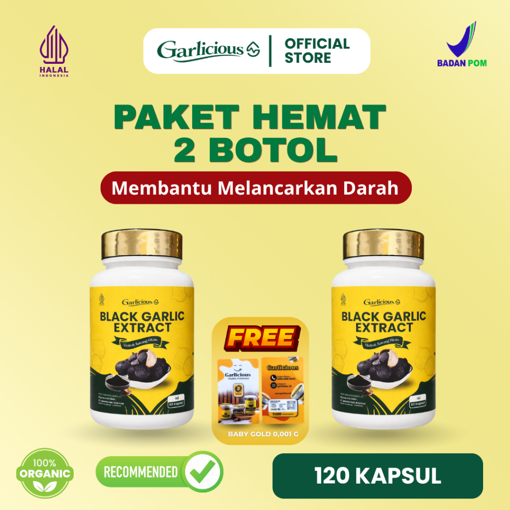 Garlicious Black Garlic Extract 120 Kapsul Paket Hemat 2 Botol, Halal, 100% Organic, Gratis MiniGold