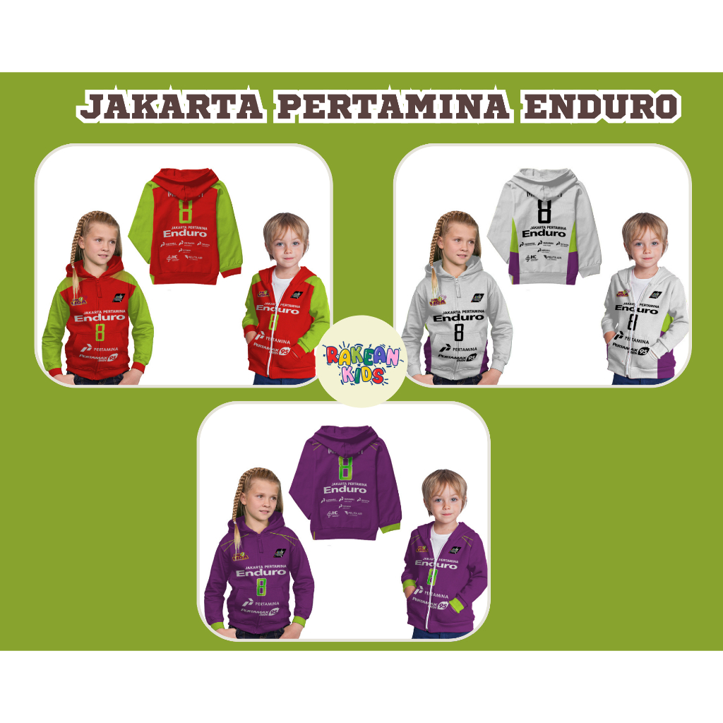 Jaket Hoodie Anak Jersey Olahraga Voli Volly Jakarta Pertamina Enduro Merah,Putih,Ungu Full Printing