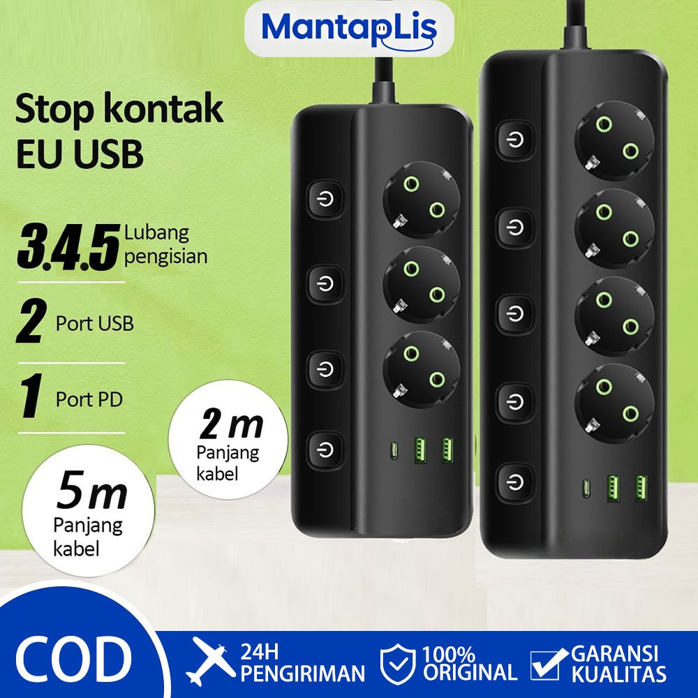 UORRIS 2500W Power Socket Power Strip Stop Kontak USB Kabel colokan listrik kabel Serbaguna Multigun