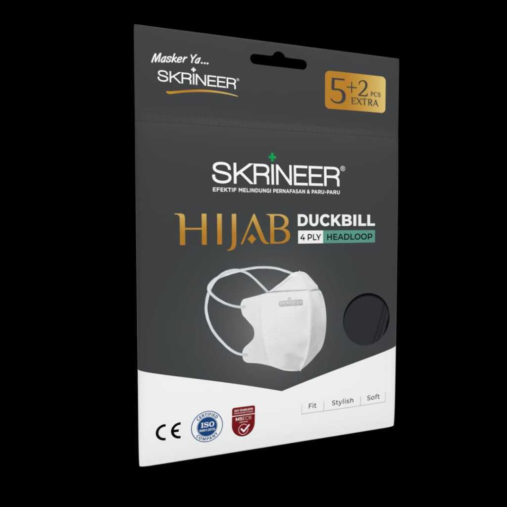 Skrineer Masker Duckbill Hijab Black 4 Ply – 5+2 pcs | Masker Medis Headloop Hologram Original