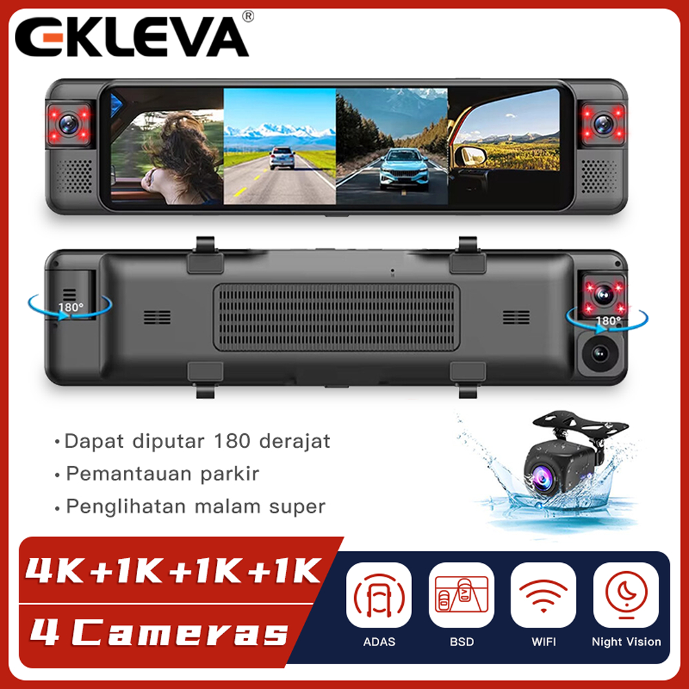 EKLEVA 4CH Dashcam 11.26" 4K Kamera Spion ADAS 360° BSD WiFi Night Vision Parkir 24 Jam Perekaman Be