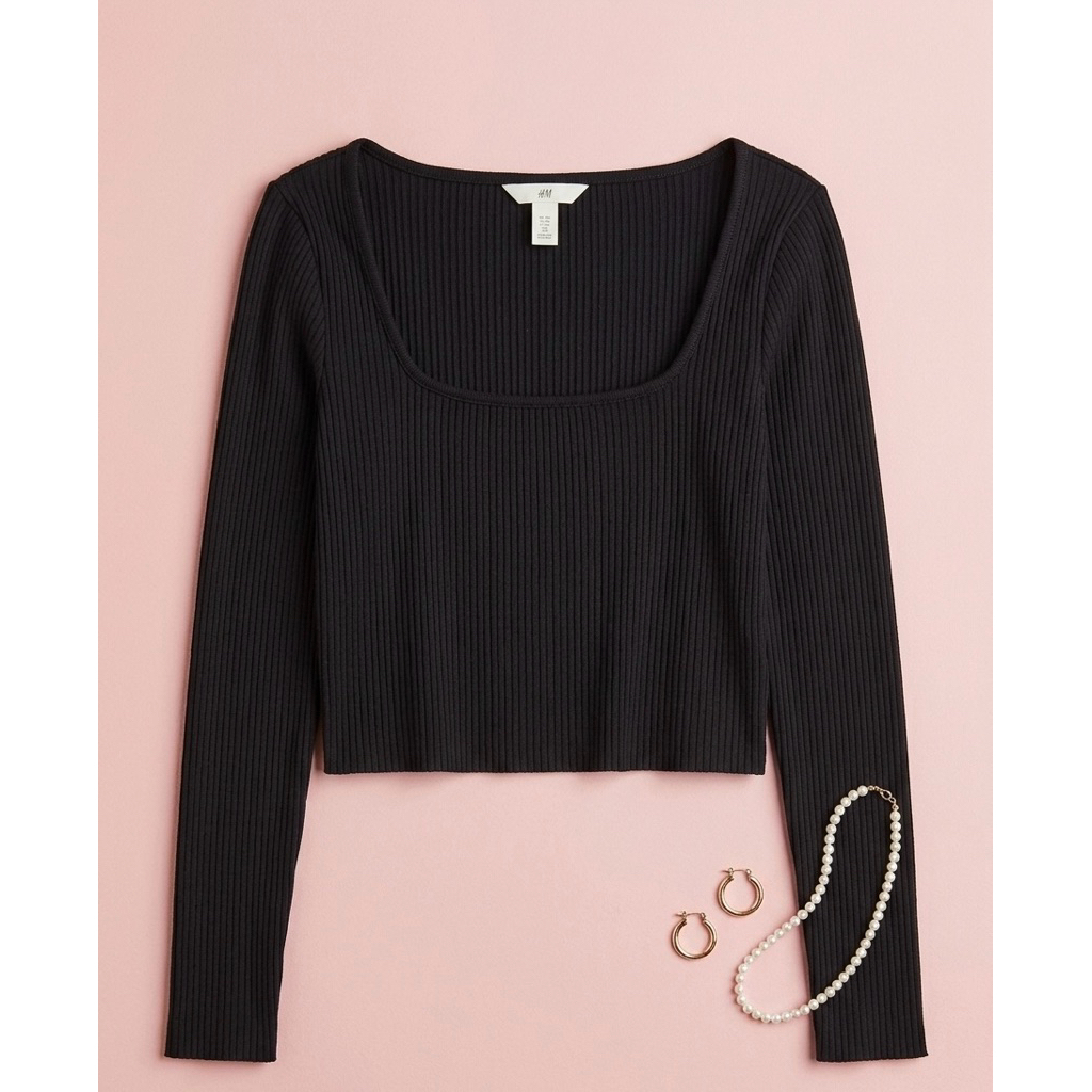 hm Square Knit Jersey Crop Top - Black