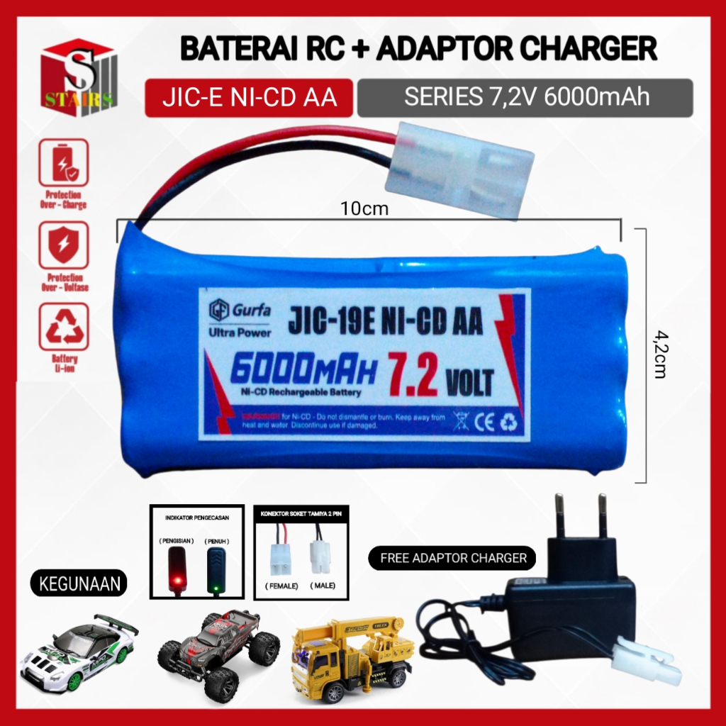 Paket Adaptor Charger + Baterai RC Mainan Anak Tipe NI-CD 6X AA 6000mAh SOKET RC TAMIYA
