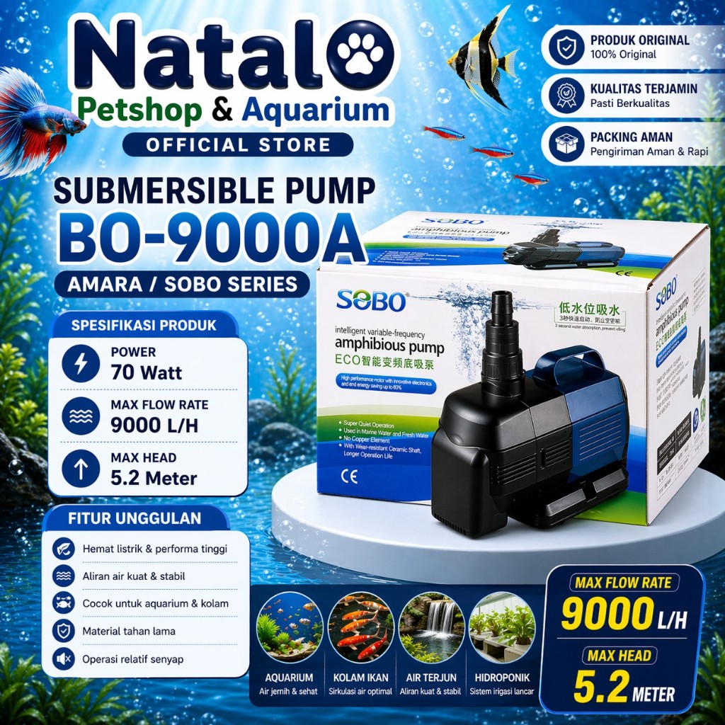 AMARA / SOBO BO-9000A Amphibious Pump - Mesin Pompa Kolam Aquarium Hidroponik Amphibi BO 9000A