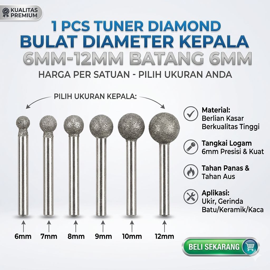 Bor Tuner Diamond Bulat Shank 6mm Head 6/8/10/12 Ball Grinding Diamond mata tuner diamond bulat moun