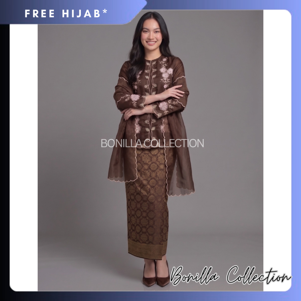 Set Kebaya Kurung Organza SLAVINA Sulam Bunga Premium dan Selendang Organza / Baju Tunik Organza / B