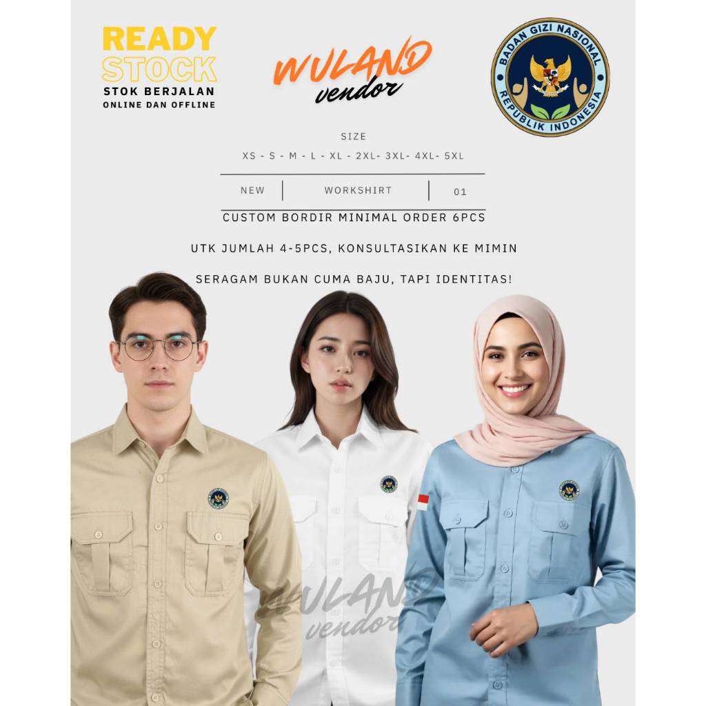 Baju Seragam SPPG, BGN Warna Krem Muda, Putih, Biru Muda Termasuk Bordir Logo dan Bendera, Kemeja Ta
