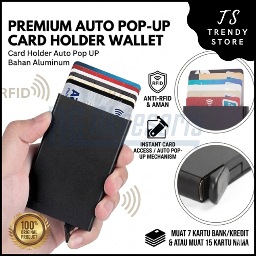 Dompet Card Holder Auto Pop Up Anti RFID Alumunium Kartu Debit Kredit dan Nama