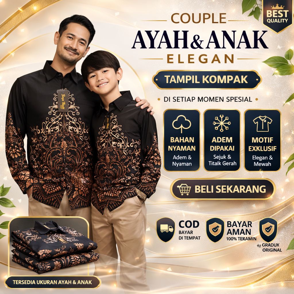 kemeja batik couple ayah anak hijau botol motif besar premium adem&staylish