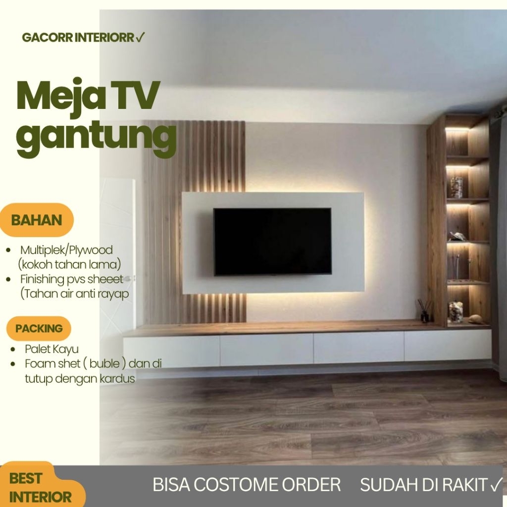 backdroop tv meja gantung tv / kabinet tv dan ambalan