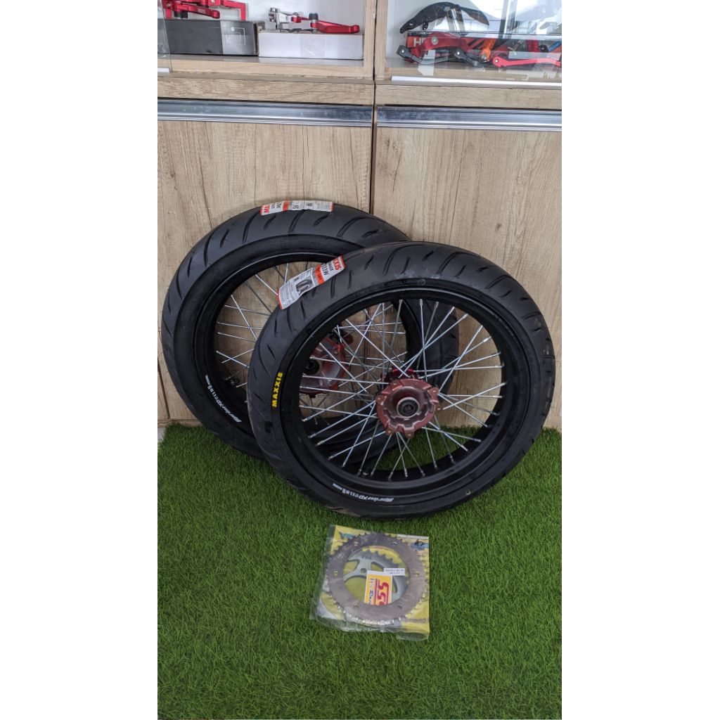 WHEELSET SUPERMOTO KAWASAKI KLX TROMOL FREEDAY VELG SCARLET EXPEDITION BAN SET KLX