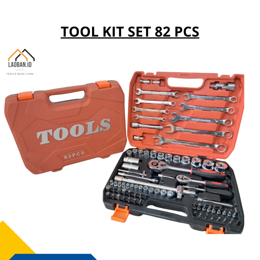 Tool Kit Set 82 Pcs Kunci Set Tool Kit lengkap dengan 12 pcs soket 1/2" dan 1/4" Toolkit Set 82 Pcs 