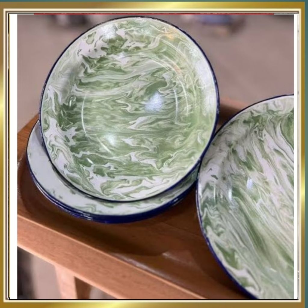 ​Piring Makan Motif Marmer Hijau - Piring Enamel Serbaguna Cantik