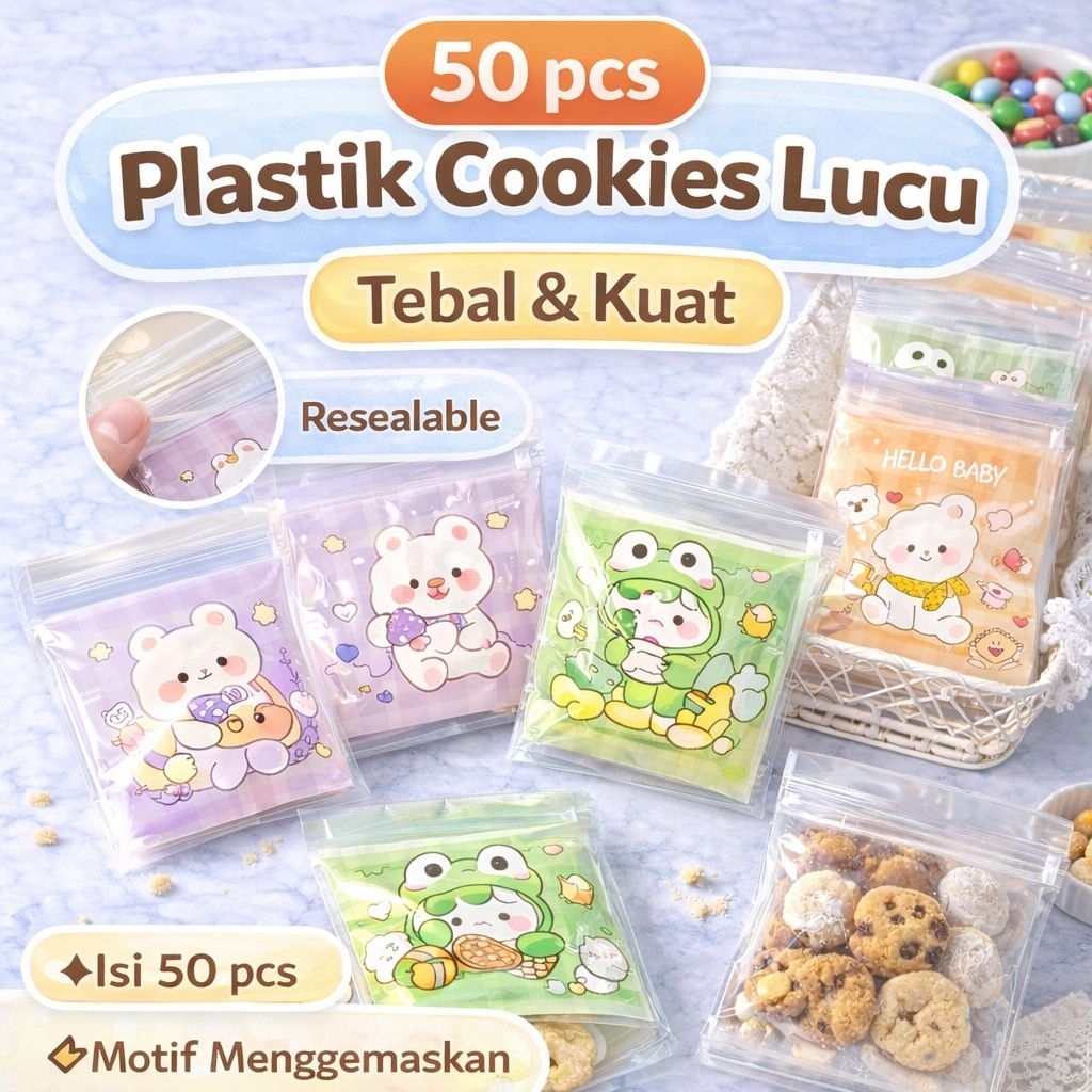 Plastik Cookies 50 pcs Ziplock Lucu | Plastik Snack Aesthetic | Kemasan Kue Motif | Plastik OPP Teba