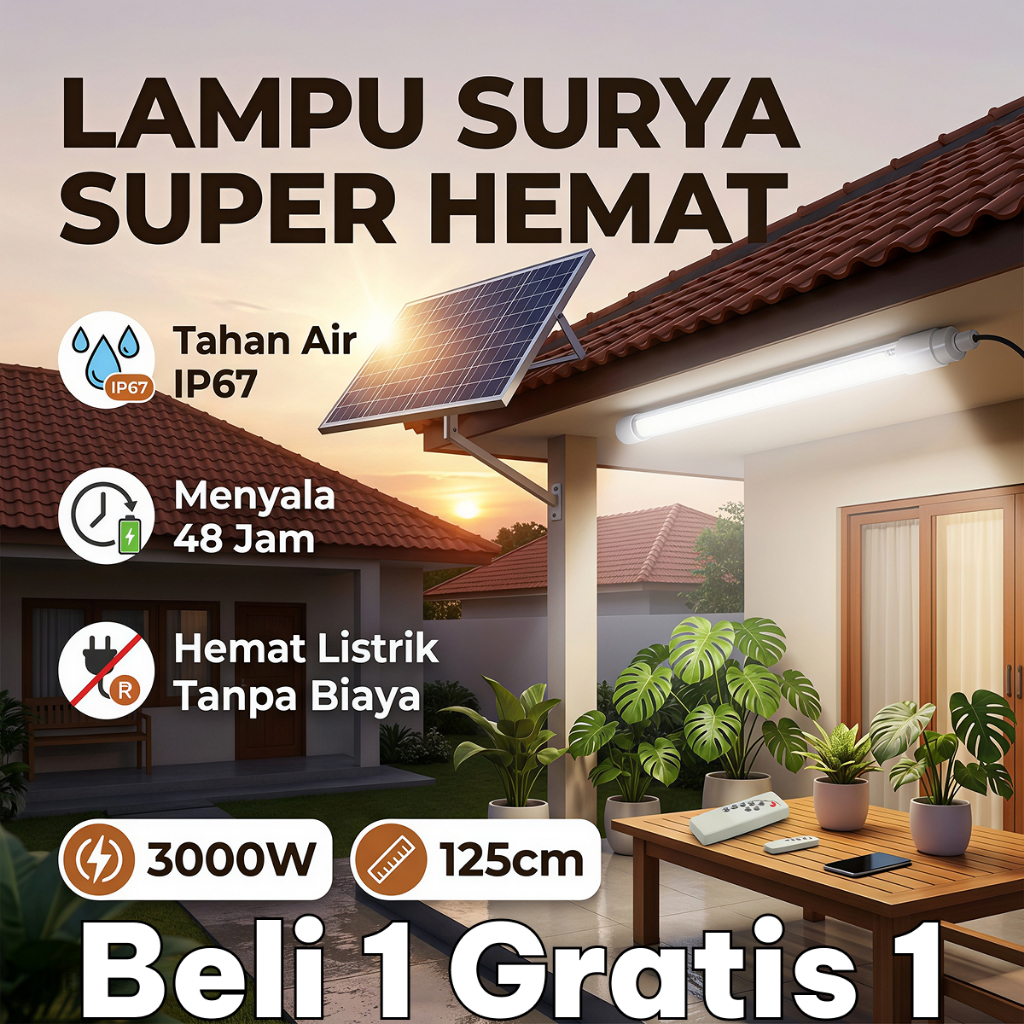 Beli 1 Gratis 1 Lampu Tenaga Surya LED Lampu TL LED panjang 2000W 90CM Tahan Air IP67 Hemat 100% Lis