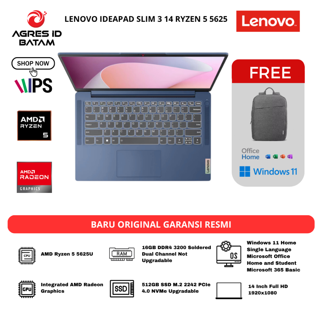 LENOVO IDEAPAD SLIM 3 14 RYZEN 5 5625 16GB 512GB W11+OHS+M365B 14.0FHD IPS BLIT 2YPREM+2ADP 8YID/90I