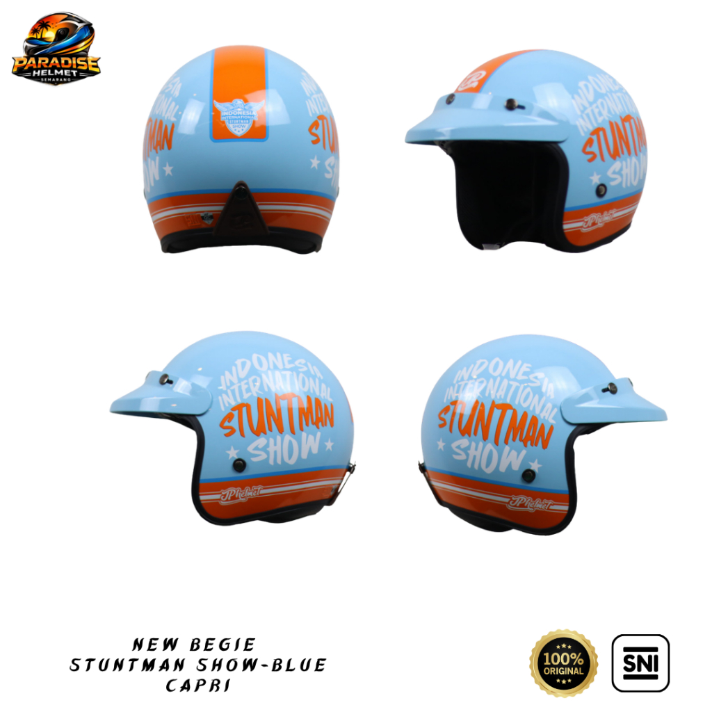 Helm Half Face Pria Wanita Bogo Harian Motor Matic Tebal Nyaman SNI - New Bigie Stuntman Show - Blue