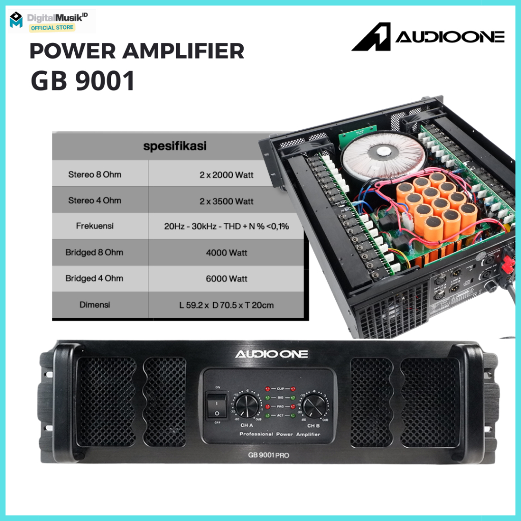 AUDIO ONE Power Amplifier 2 Channel GB9001 Profesional Amplifer Audio Sound System I DM