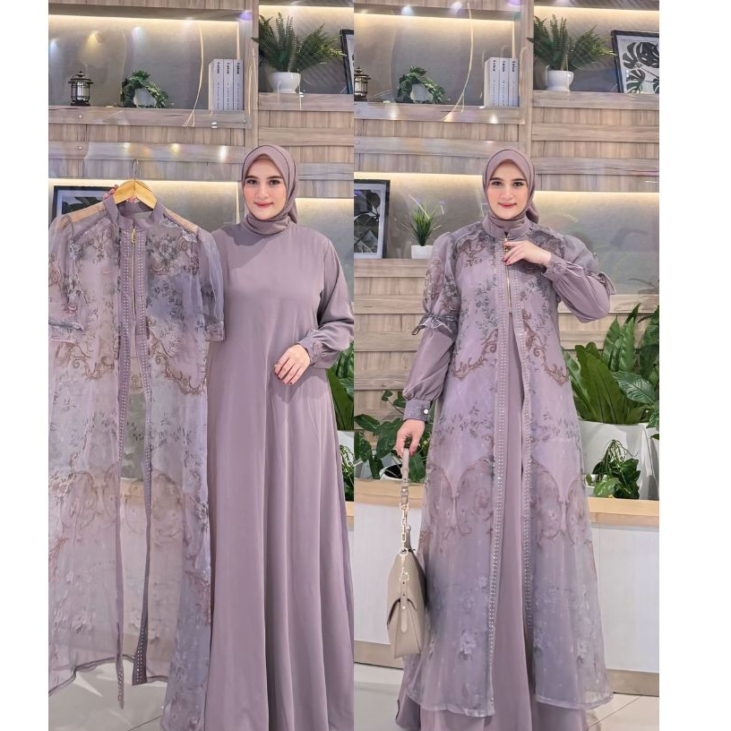 RH-gamis sultan organza motif set hijab outer lepas pasang payet elegant mewah kondangan