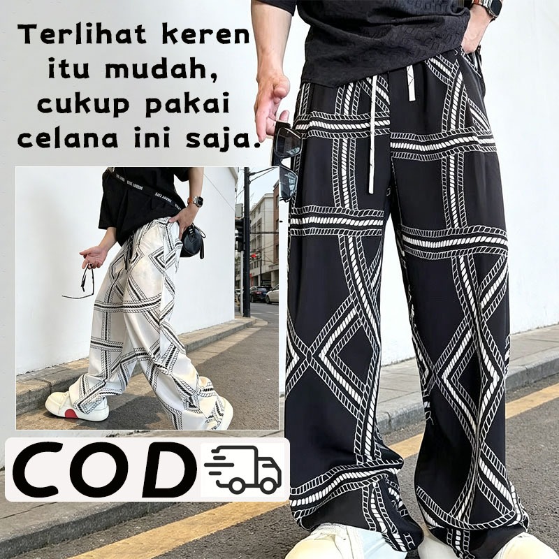 Celana panjang pria Celana lebar Celana santai pria Streetwear pria Tidak panas Ootd pria Hitam puti