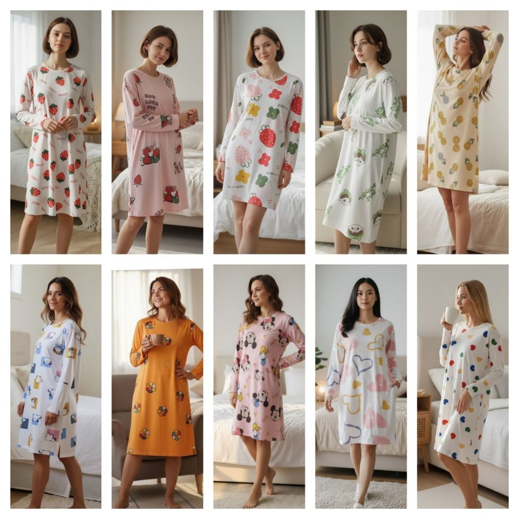 Daster Kaos Lengan Panjang Wanita Sexy Sleepwear