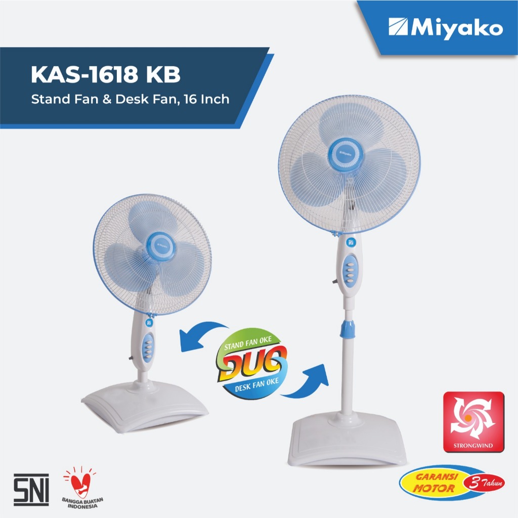 Kipas Angin Miyako KAS1618KBPL Kipas Meja & Berdiri – Stand Fan  - 16 inch 2in1 Kaki Kotak Jaring Pl