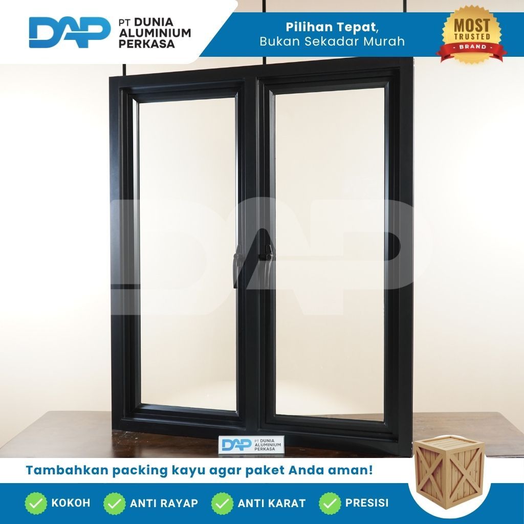 Jendela Aluminium L120 x T180 Casement 2 Daun Custom Kusen Aluminium + Kaca
