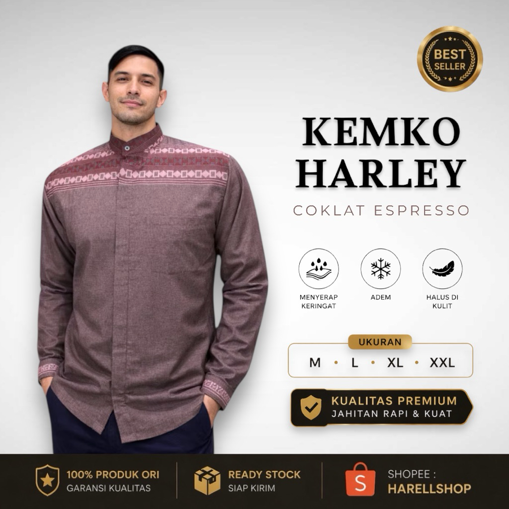 Kemko Harley Pria Lengan Panjang Coklat Espresso | Baju Koko Modern Katun Adem | Koko Premium Elegan