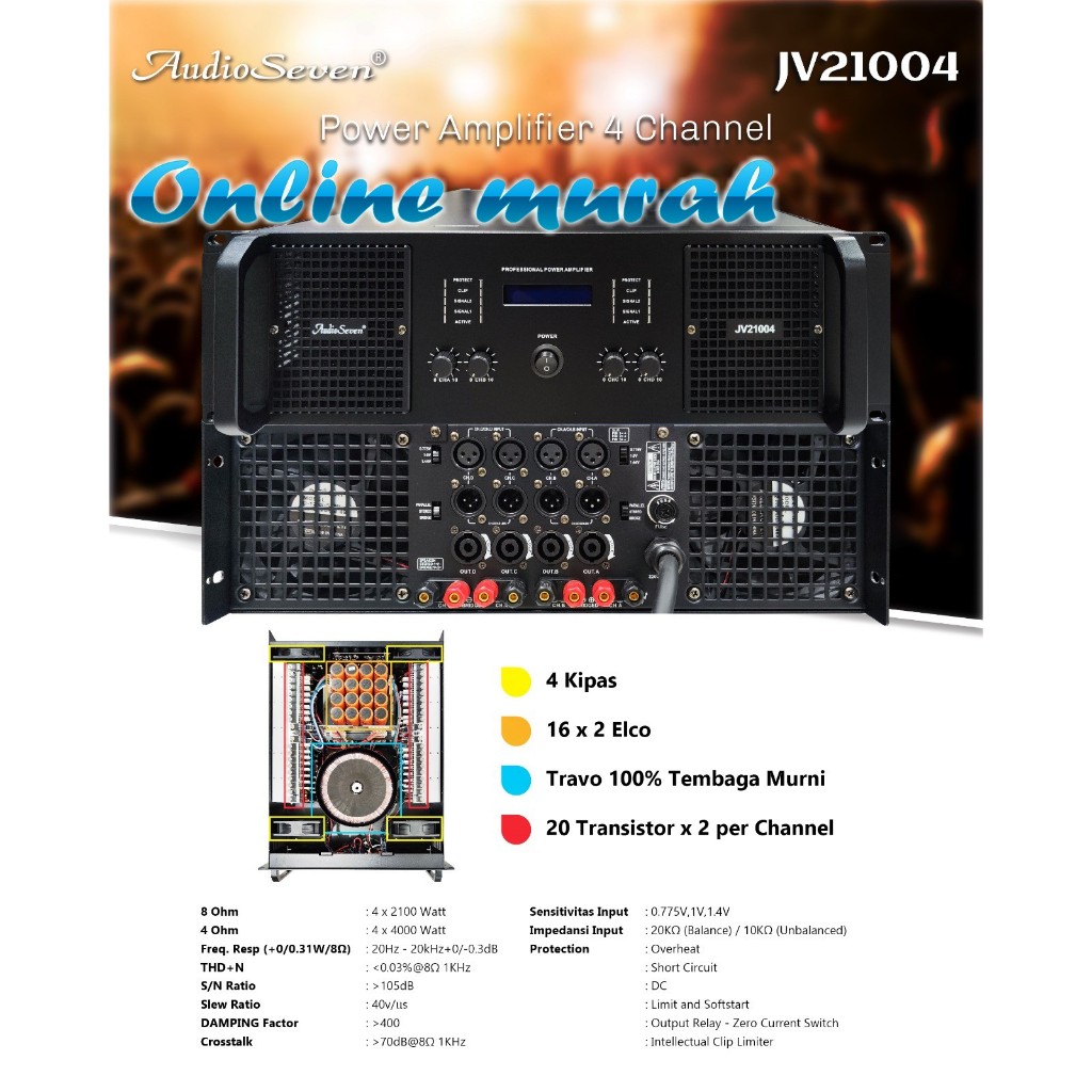 power audio seven jv21004 / jv 21004 / AUDIO SEVEN JV21004 / JV 21004 4 channel 4 x 2100watt origina
