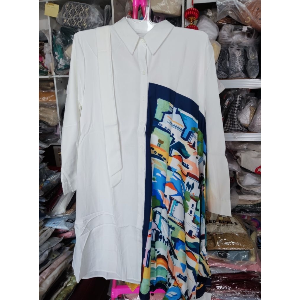 kemeja model tunik asimetris (barang asli bangkok / bkk) warna dasar putih, motif abstrak