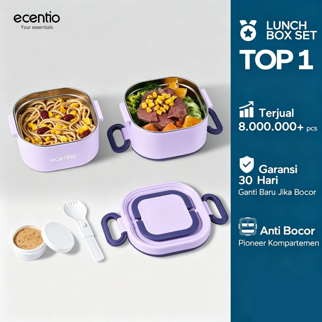 ecentio Kotak bekal bulat stainless steel Double layer 650ml+650ml Lunch box Wadah makan Bento Kapas