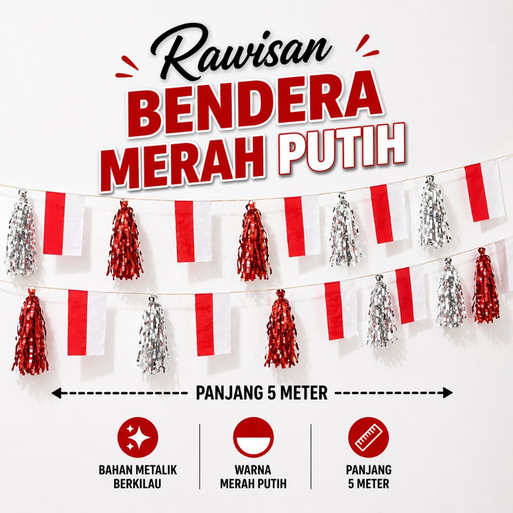 rawisan rumbai metalik merah-silver, 17agustus, kemerdekaan, hiasan perayaan