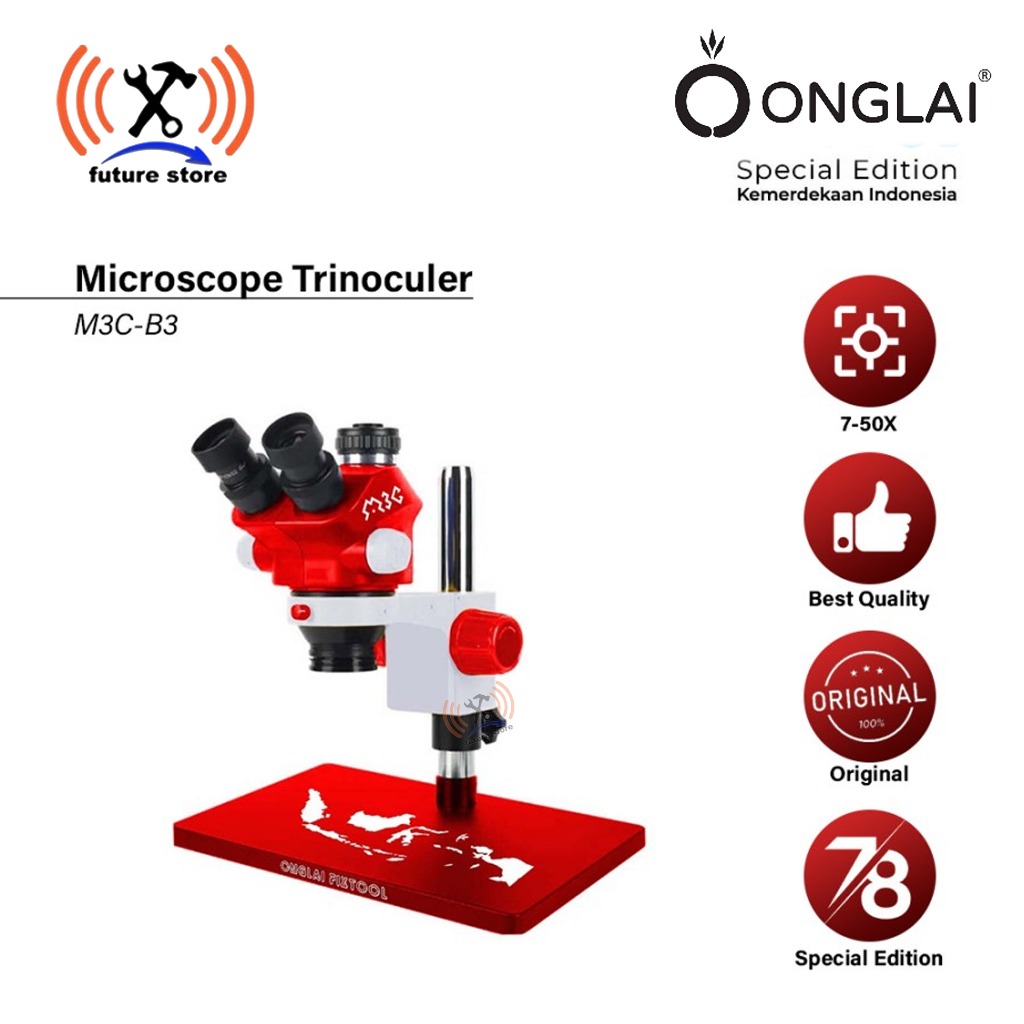 ONGLAI FIXTOOL M3C-B3 Microscope Trinoculer 7-50X Special Edition Merah Putih Ori