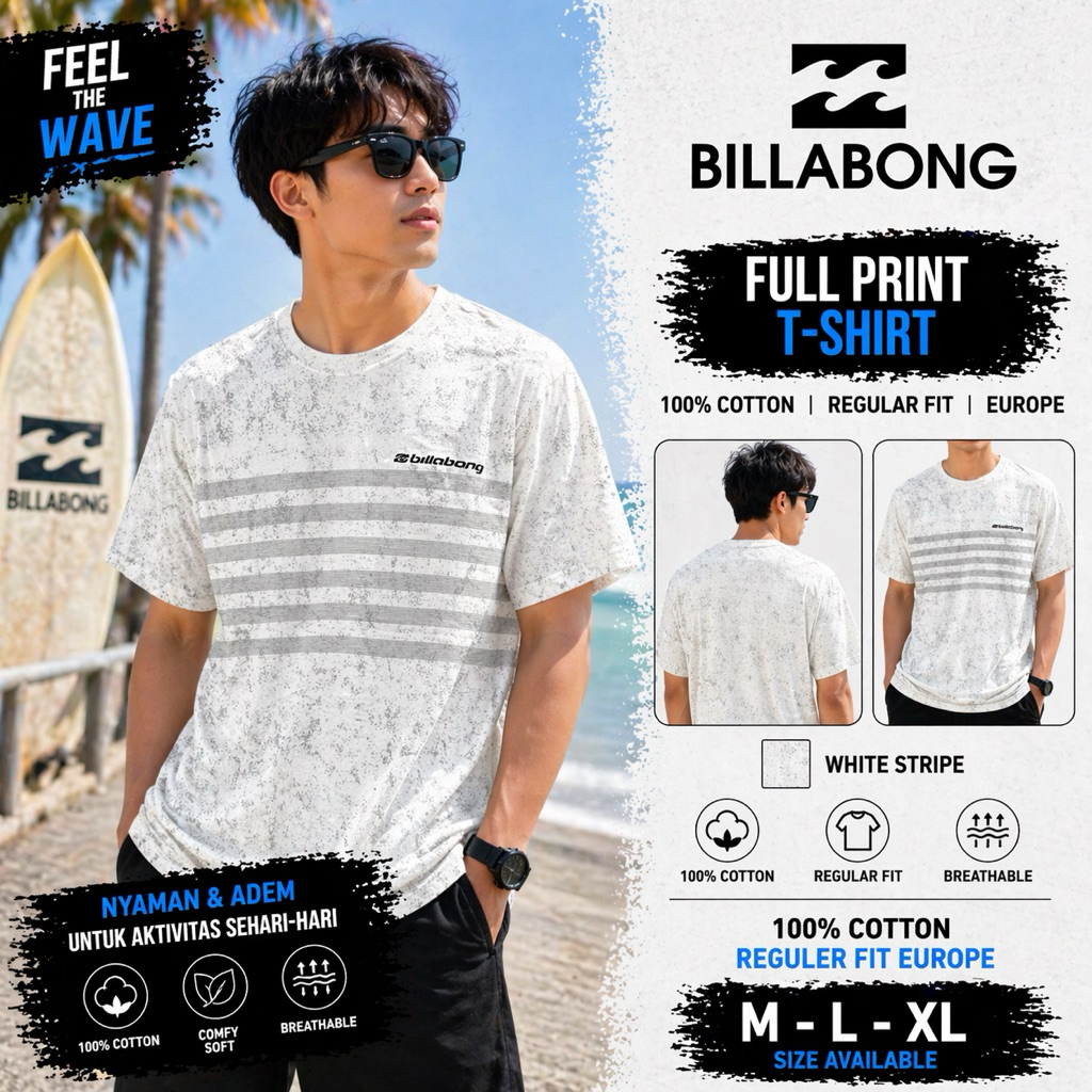 T-Shirt Billabong Original Pria Putih Motif Garis | Kaos Surfing Premium 100% Cotton Regular Fit Nya