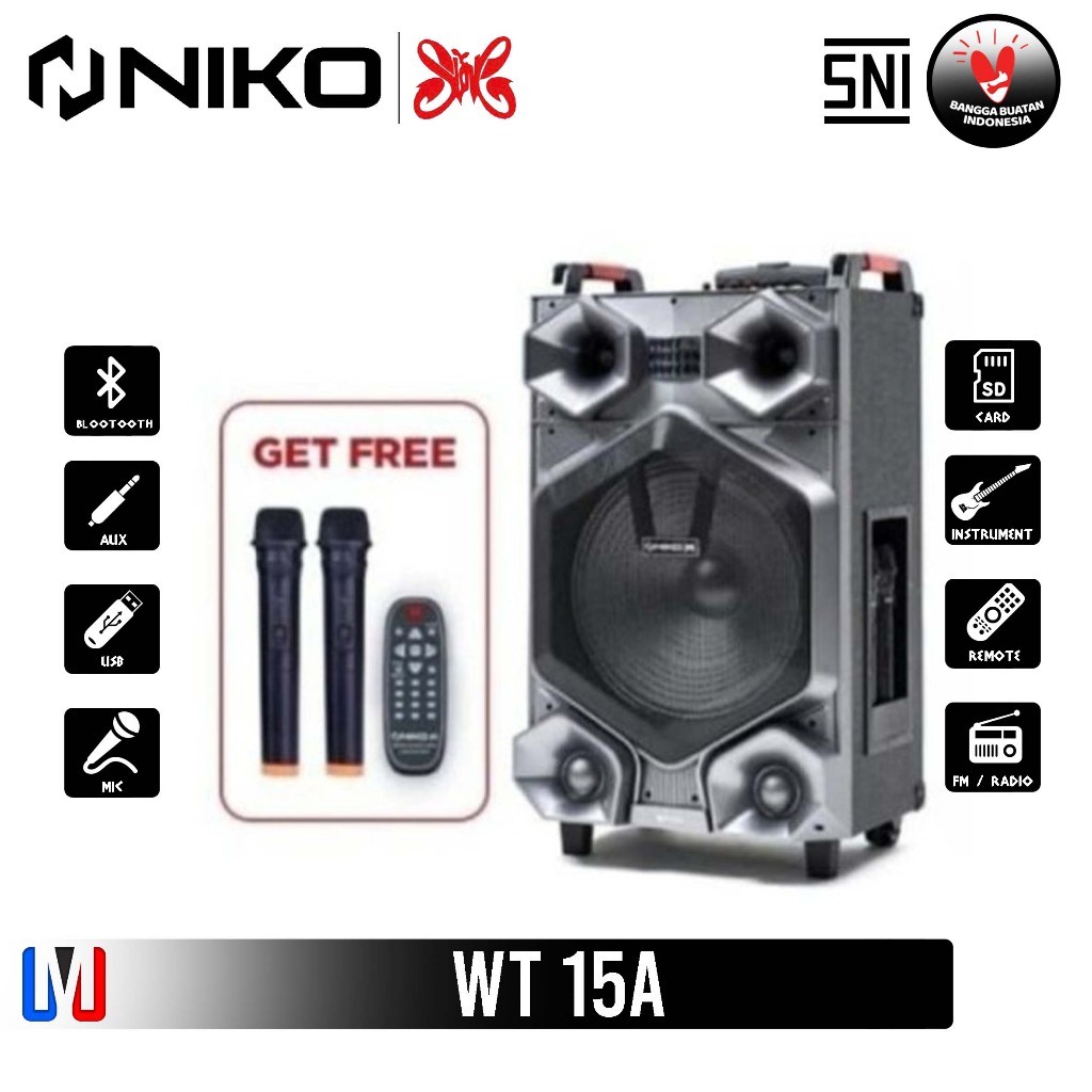 Speaker Aktif Portable Wireless Bluetooth Niko WT 15 A ukuran 15 inch