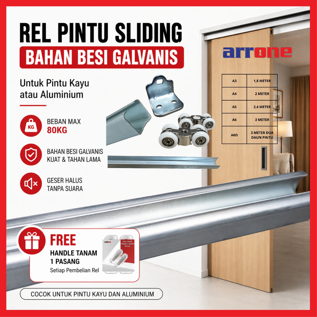 Rel pintu geser / Sliding untuk pintu alumunium dan kayu | rel pintu sliding tebal free handle tanam