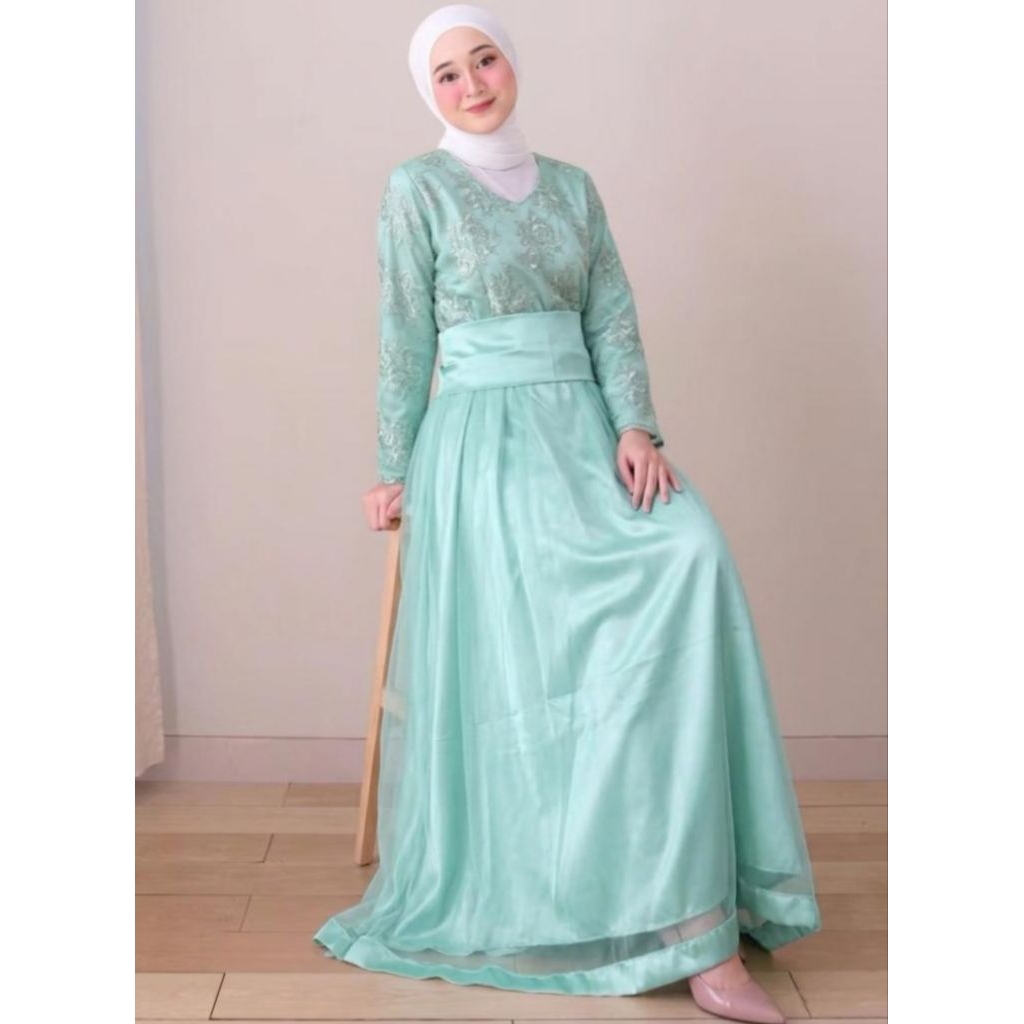 [NEW] GAUN PESTA WANITA | DRESS KEBAYA TILE WARNA SOFT HIJAU TOSCA MINT KARET PINGGANG