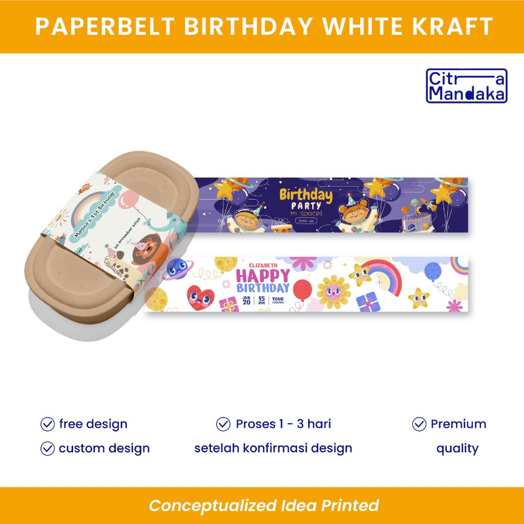Paper belt Birthday Bento Box Ulang Tahun Premium White Kraft | Label Bento Ulang Tahun Anak | Bento