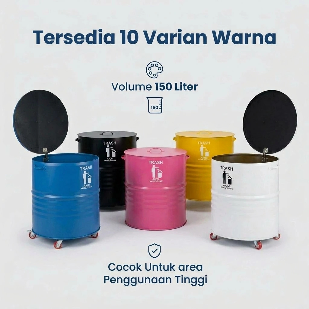 Tempat Sampah Besar Drum Besi 150 Liter Roda Engsel Kaki