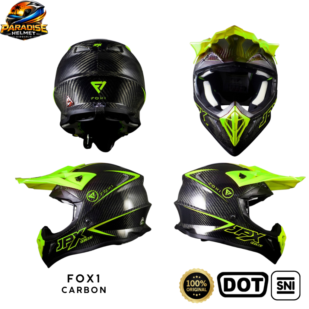 Helm Full Face Cross Pria Wanita Harian Motor Trail Tebal Nyaman SNI DOT JPX FOX1 - SOLID CARBON/ YE