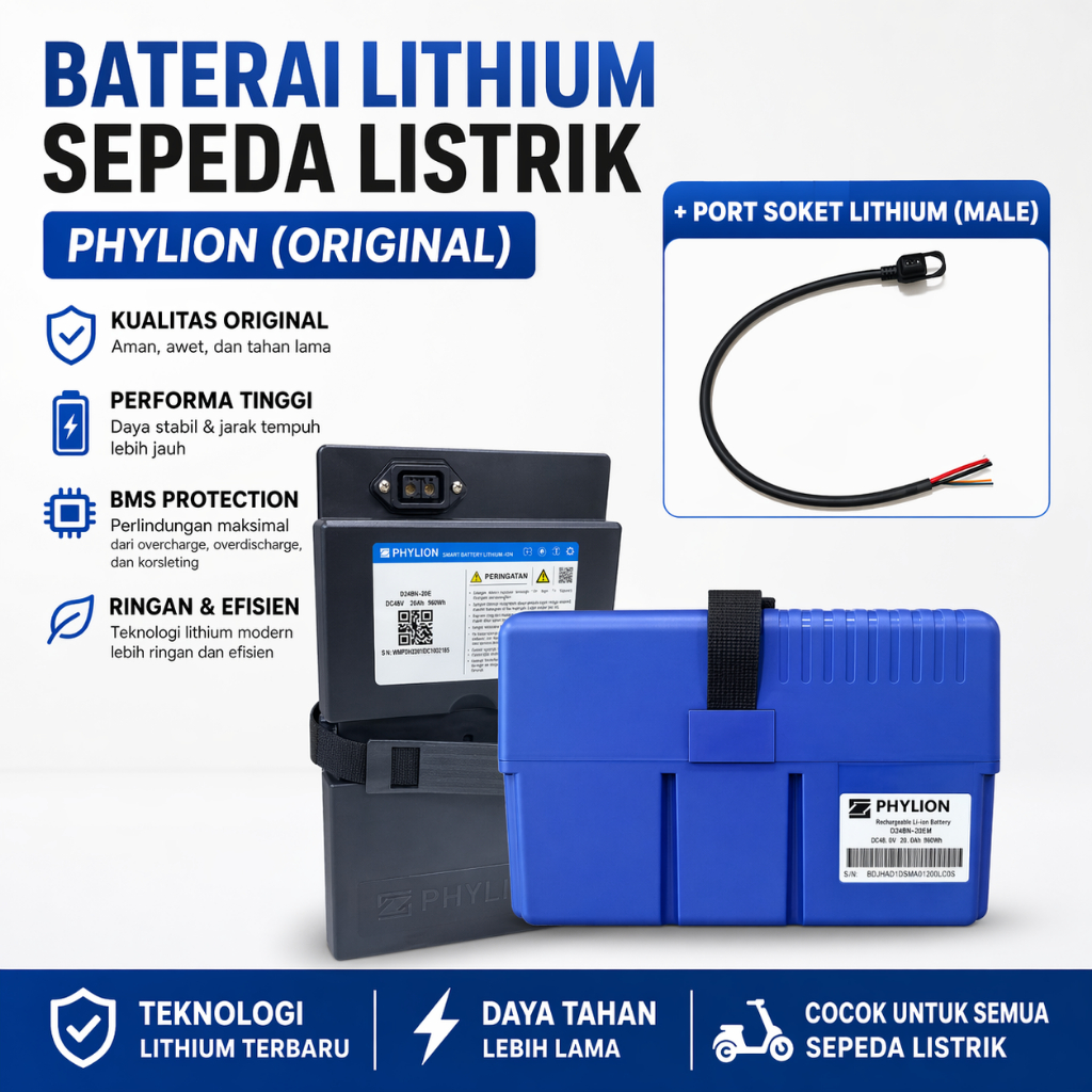 Aki Lithium Phylion Sepeda Listrik 48V/12AH & 48V/20AH - ORIGINAL PHYLION + PORT SOKET LITHIUM