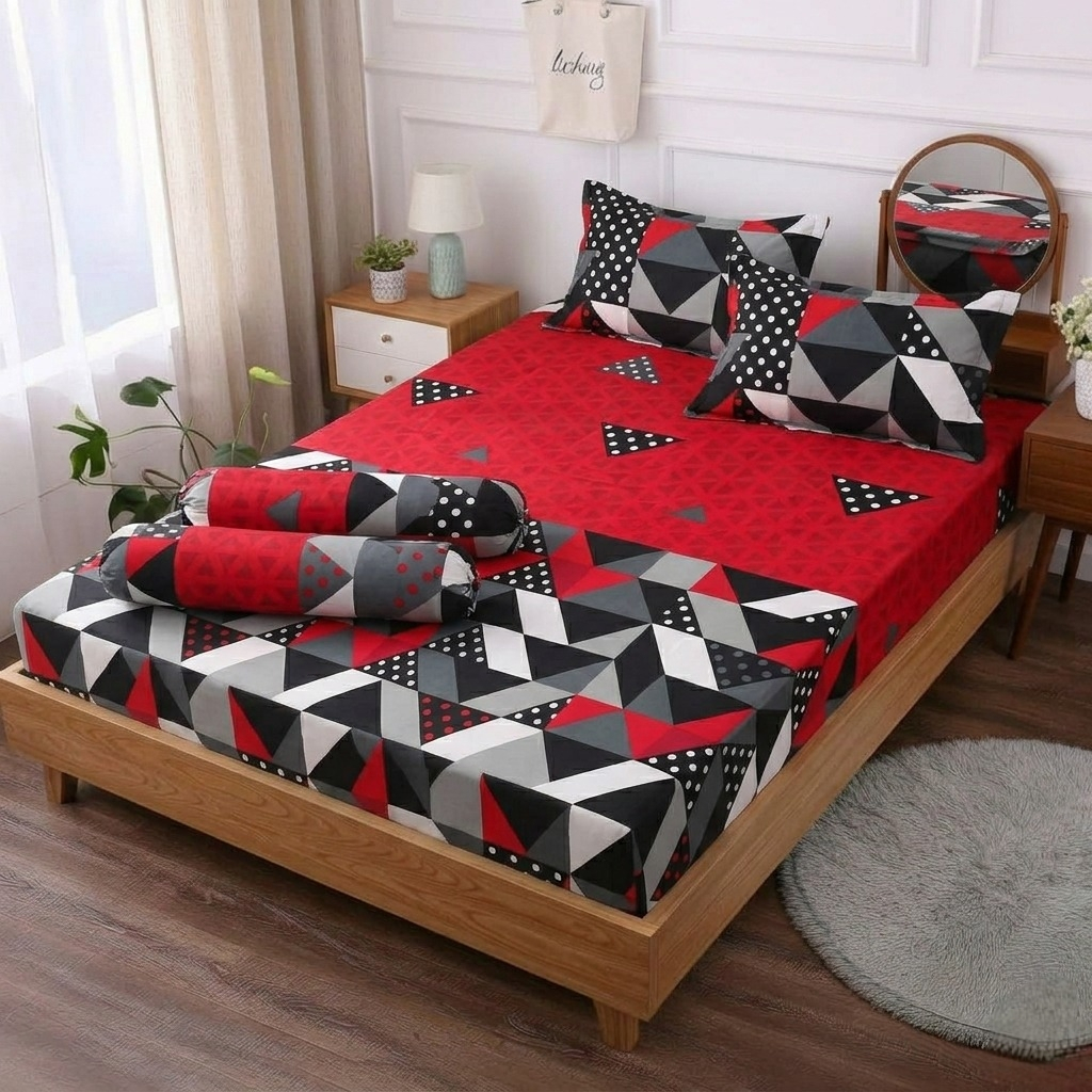 Sprei Motif Geometris Segitiga Merah Hitam Putih Abu-Abu Modern Set Lengkap