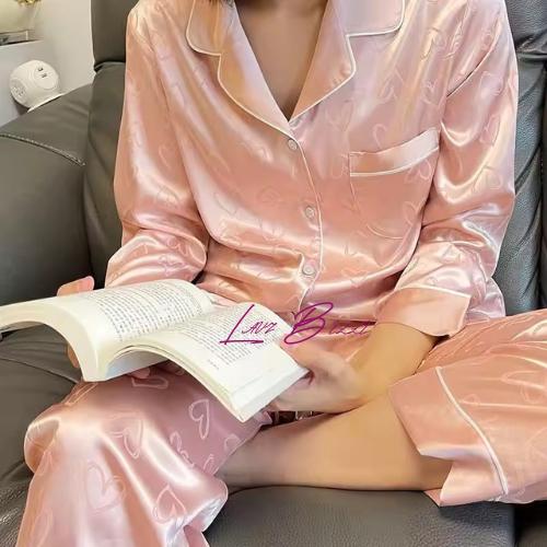LAVIBELLE - Piyama Satin Silk Wanita Setelan Celana Panjang Baju Tidur Motif Hati Elegan - BTW10