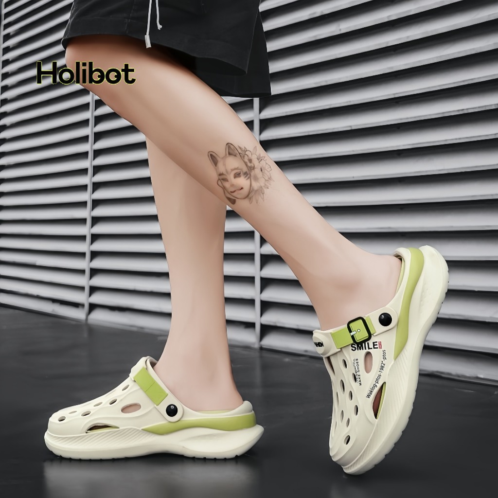 HOLIBOT Sandal Karet Pria Anti Selip - Model Sandal Baim Hitam Putih, Ringan dan Tahan Air