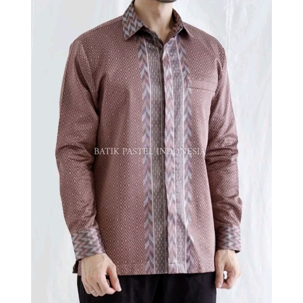 Kemeja batik pria lengan panjang tenun baron kemeja songket Palembang pink salem