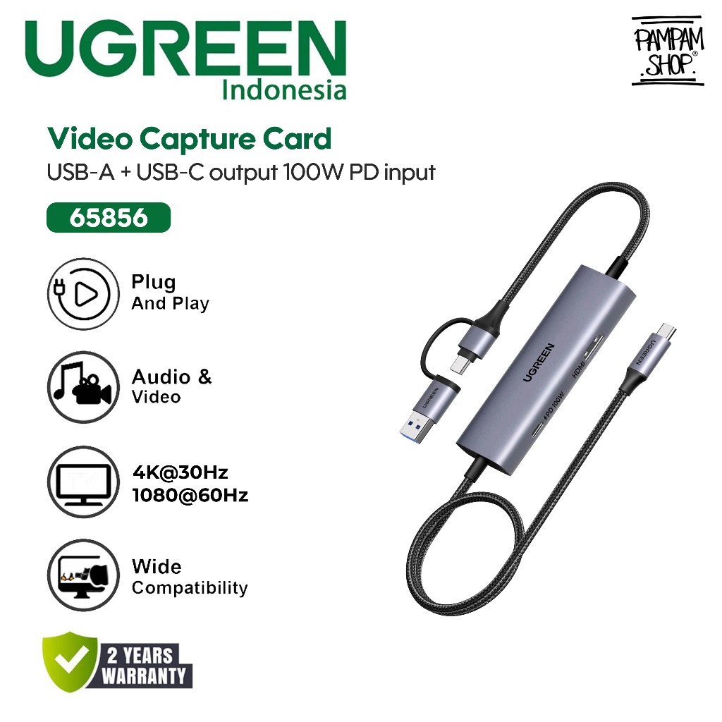 UGREEN 65856 Video Capture Card USB / Type C with PD 100W 4K 30Hz 2K 60Hz HDMI Loop Out 1080P 60Hz U