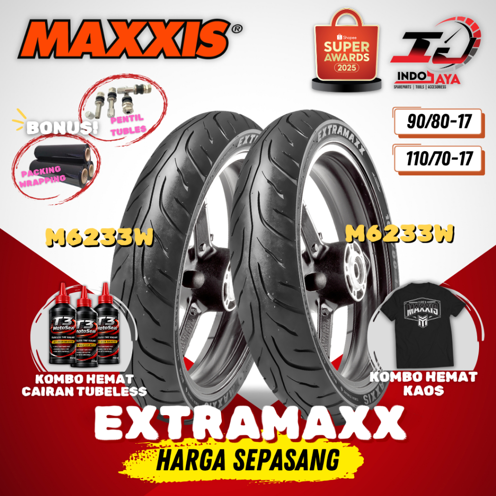 [PAKET MURAH SEPASANG] BAN MAXXIS EXTRAMAXX TUBELESS (90/80-17 & 110/70-17) M6233W / M6234W / M6233 