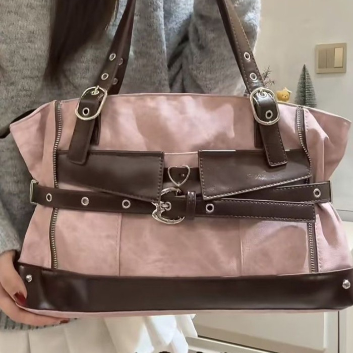 Tas Tangan Jahitan Retro Gaya Maillard, Tas Tote Kapasitas Besar Gaya Sepeda Motor Retro, Pilihan P