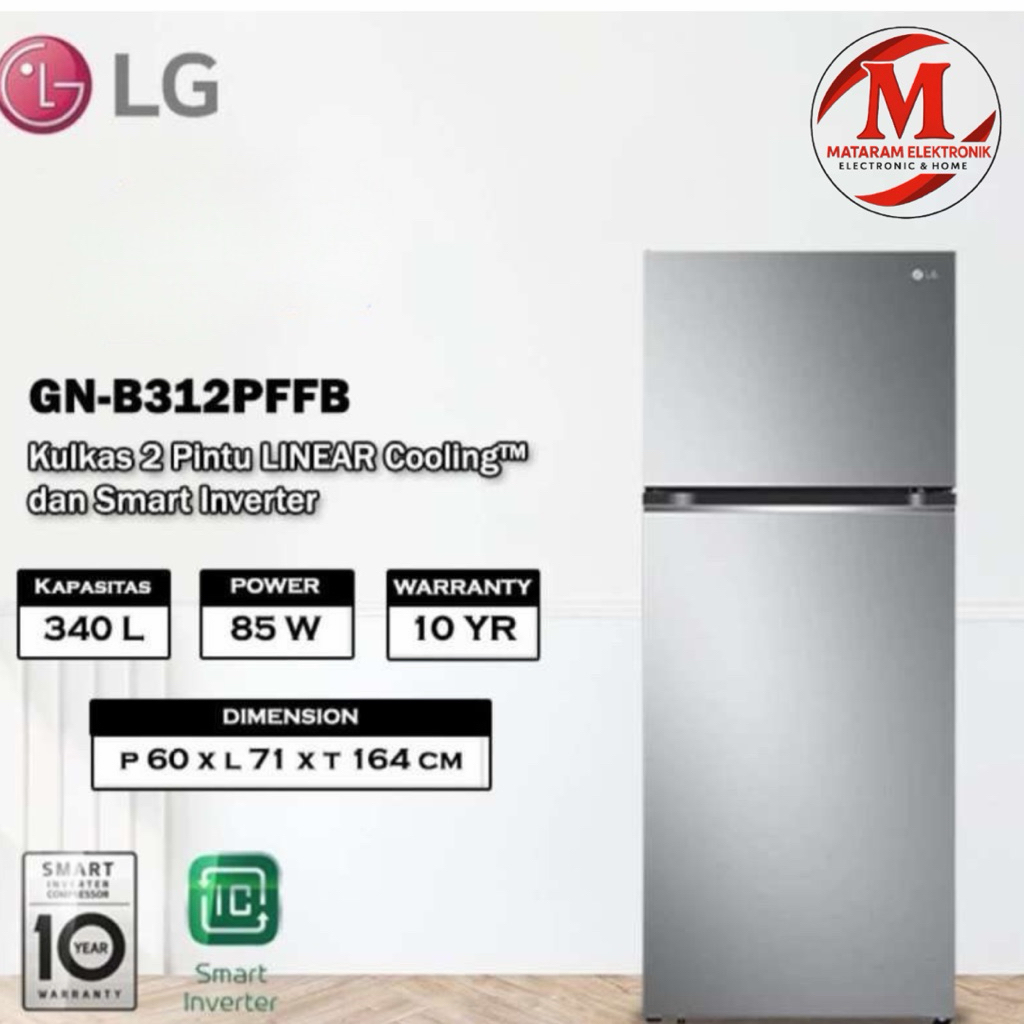 Kulkas LG GN-B312PFFB 2 pintu Smart Inverter GNB312PFFB 340 L 312PFFB